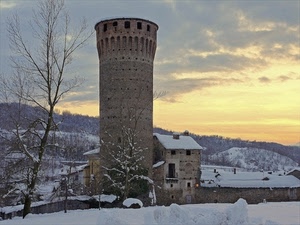 neve, torre, albero, tramonto, inverno, casa, alberi, bianco