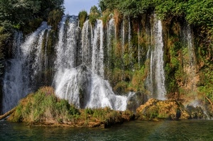 acqua, cascata, rocce, verde, cespugli, fiume, alberi, erba