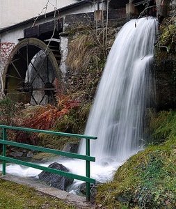 cascata, acqua, ruota, mulino, ringhiera, fiume, erba