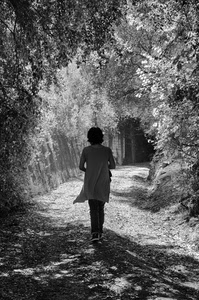donna, alberi, sentiero, bianconero, strada, foglie, bosco, piante, persona