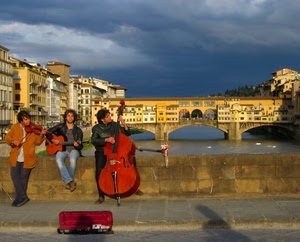 ponte, firenze, musica, musicisti, suonatori, fiume, tre, strumenti