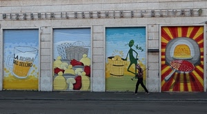 serrande, murales, colori, birra, pizzeria, quattro, pizza, uomo, murale, saracinesche, secchio, verde, insegna, giallo, bicchiere, saracinesca, dipinti, disegni, serranda, passante, rosso, forno