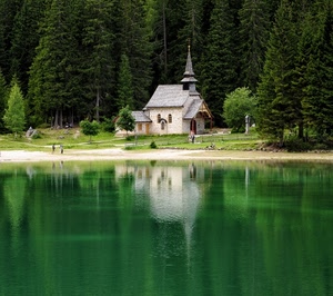 verde, lago, riflesso, chiesa, chiesetta, alberi, bosco