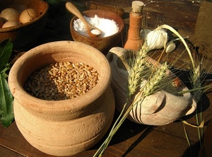 spighe, uova, grano, sale, cibo, farina, terracotta, contenitori, vaso